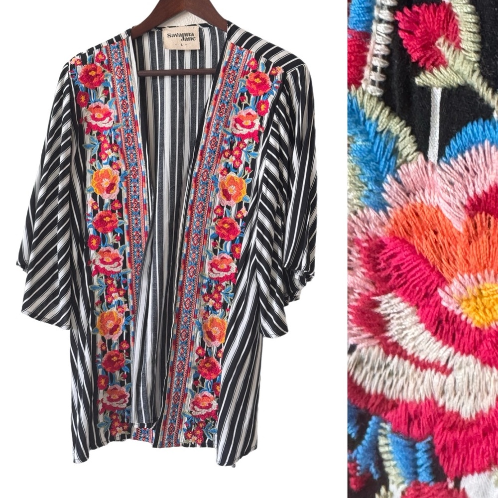 SAVANNA JANE Kimono Topper Coverup Boho Exquisite Floral Embroidery Sz L